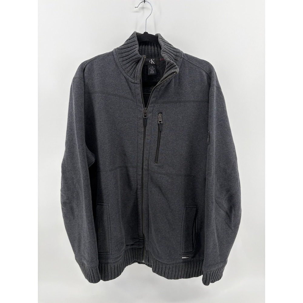 Calvin Klein, Gray Full Zip, Pockets, Mock Neck Pullover, Knit/Sweater, Large